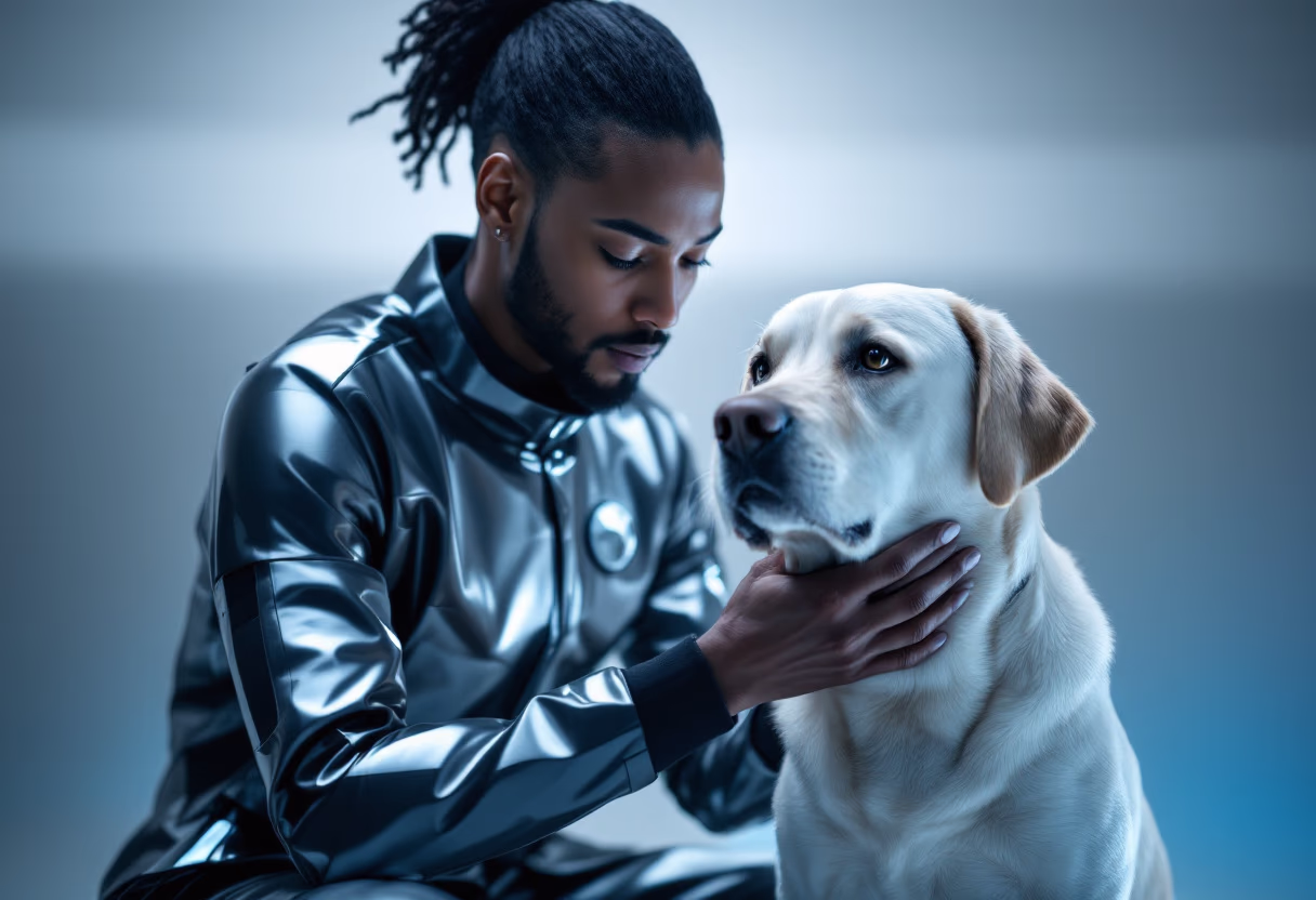 Owner cuddling with a relaxed dog